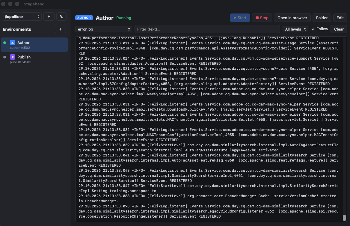 Instancia Author en marcha con su error.log en vivo